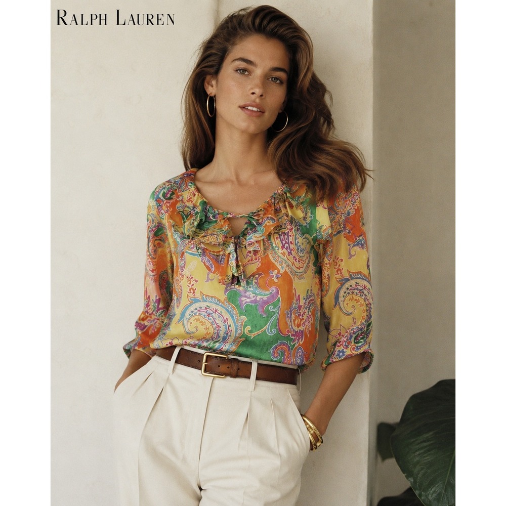 Lauren Ralph Lauren 90s Petite MutliColor Paisley Ruffle‎ Tie Neck Cotton Blouse
